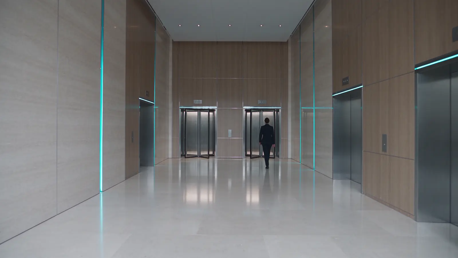 Concept illustration of coordinated door access and lighting in a business foyer.