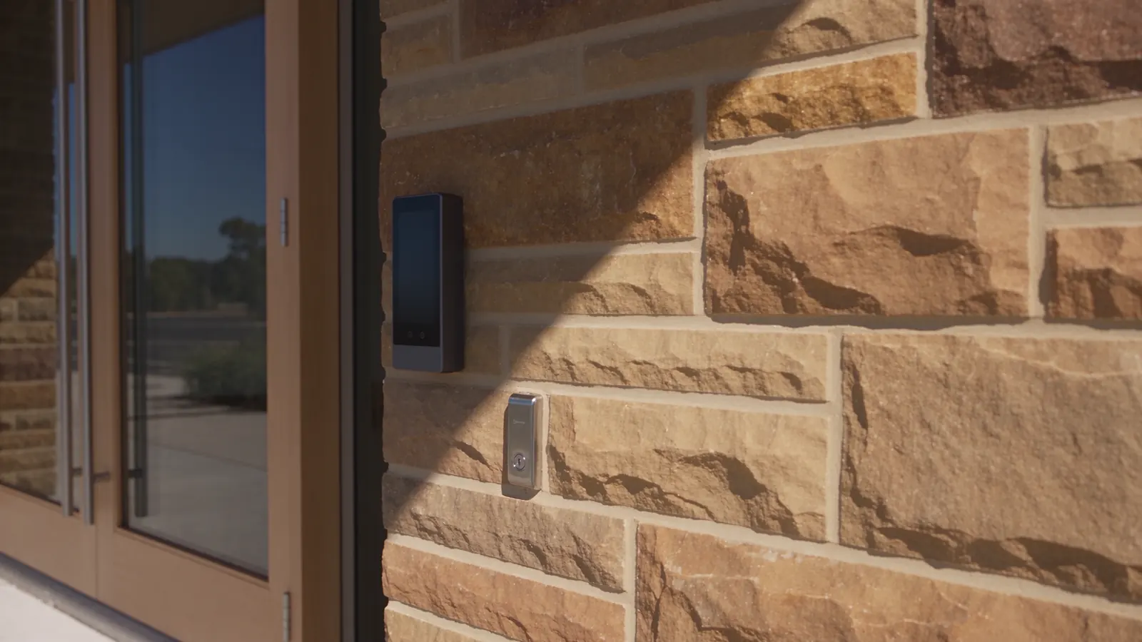 Concept illustration of a discreet access-control retrofit to an existing entrance.
