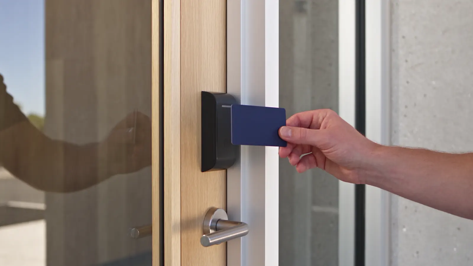 Concept illustration of a staff access card presented to a door reader.