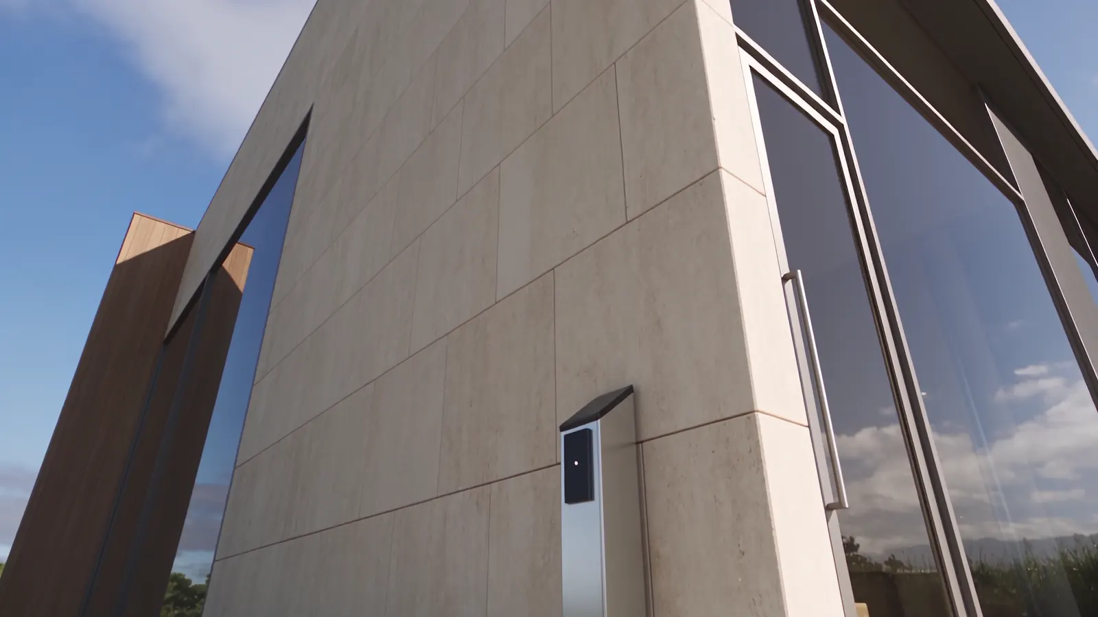 Concept illustration of camera coverage supporting an access-controlled entrance.